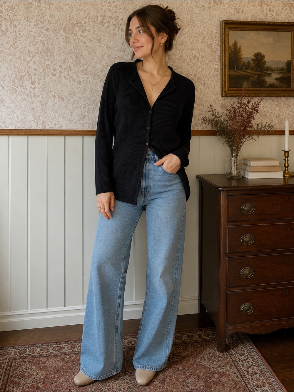 Vintage Erika & Co Black Ribbed Button Front Cardigan – Approx. M/L
